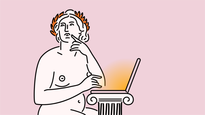Antická Múza sedí u laptopu a přemýšlí (ilustrace)